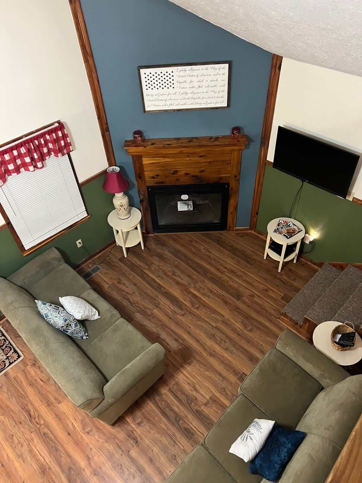 Smart TV, fireplace, video games, DVD player