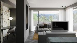 A modern living room with a large window, a sofa, a coffee table, and a TV. - Eala - My Lakeside Dream (Limone sul Garda)