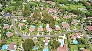 An aerial view of a residential area with houses, roads, and swimming pools. - Pool Jacuzzi & Tropical Oasis Yard With Fruit Trees (Sosua)