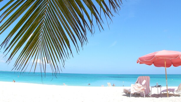 A beach with white sand, clear blue water, and a palm tree. There are beach chairs and a red umbrella. - Grace Bay Prime Location 2 Bedroom Condo with Beach, Pool and Tennis access!! (Grace Bay)
