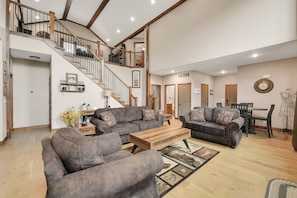 Smart TV, fireplace, books, video library