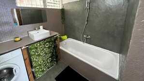 A compact bathroom with a sink, mirror, and shower. - Creole-style house with a pool and access to the river (Lamentin)