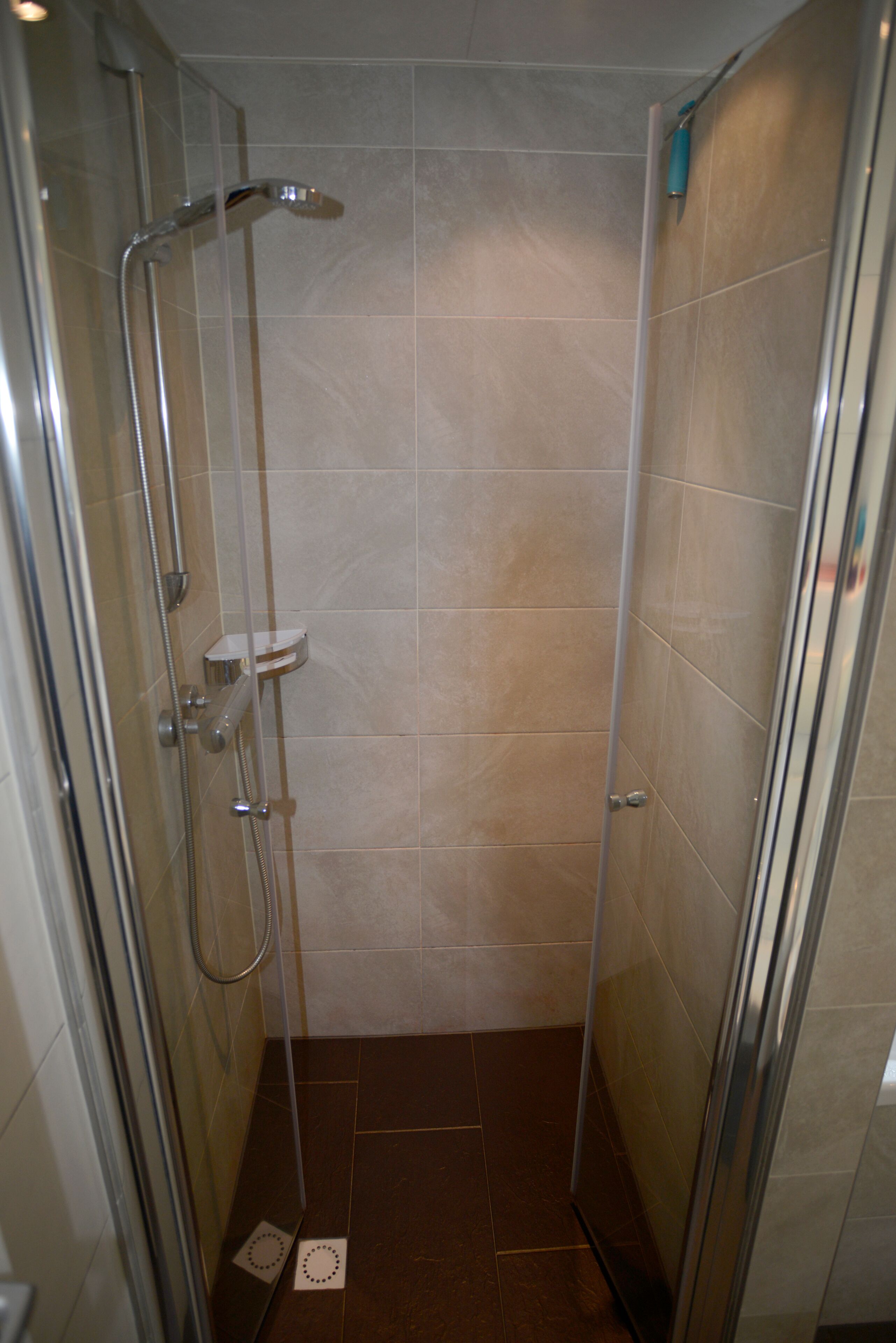 Une cabine de douche fermée par des parois en verre, dotée d’un pommeau de douche à main et d’un robinet fixé au mur.