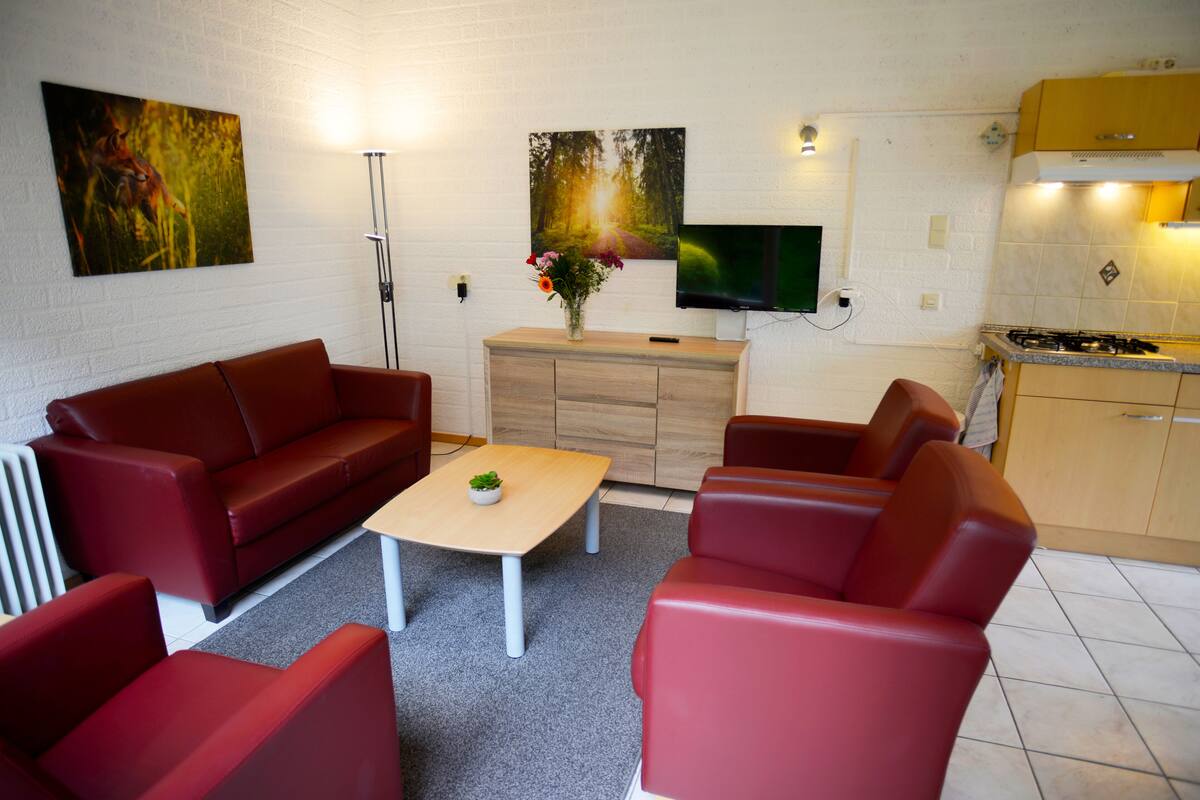 Un salon avec un canapé rouge, une table basse et un téléviseur fixé au mur.