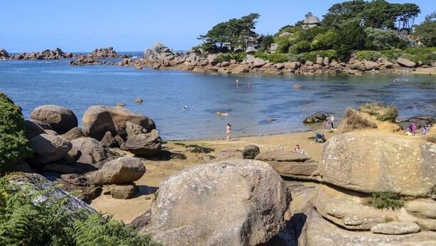 A rocky beach with clear water, large boulders, and some greenery. - Villa Sérénité - PERROS GUIREC (PERROS GUIREC)