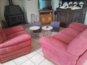 Televisión, chimenea, reproductor de DVD