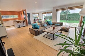 Télévision, cheminée, table de tennis de table, livres