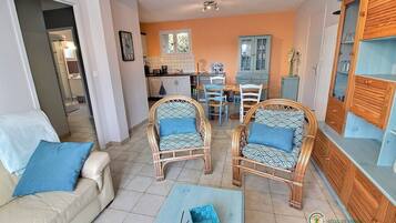 Télévision, lecteur de DVD, table de tennis de table, livres