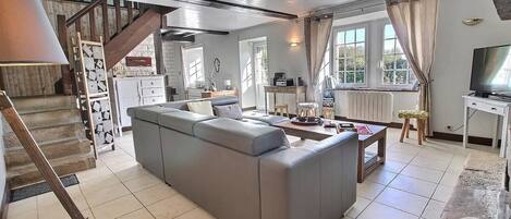 TV, fireplace, DVD player, books