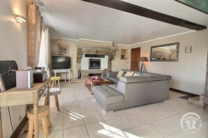 TV, fireplace, DVD player, books