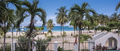 On the beach, sun loungers