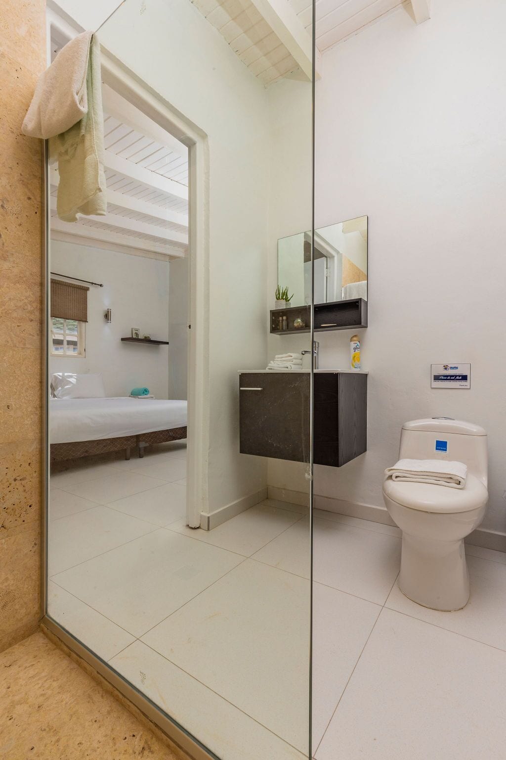 Baño con mampara de vidrio, inodoro, lavamanos con espejo y una cama visible a través de una puerta abierta.