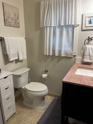 Shower, eco-friendly toiletries, hair dryer, towels