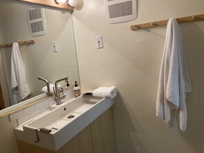 Duschwanne, Bidet, Handtücher, Seife