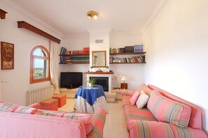 Un salon avec une cheminée, des étagères à livres, un téléviseur et un canapé.