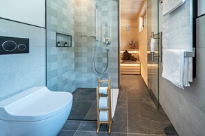 Shower, hair dryer, towels