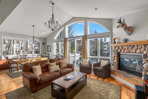 Televisión, chimenea, reproductor de DVD y libros 