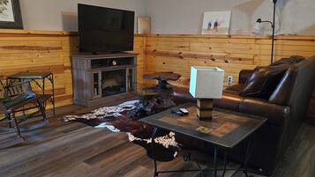 Smart TV, fireplace, DVD player, books