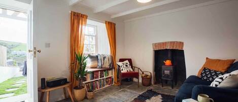 TV, fireplace, books, offices