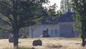 Une maison rustique, avec un grand arbre au premier plan, des bottes de foin dans le champ et une étendue d’eau également au premier plan.