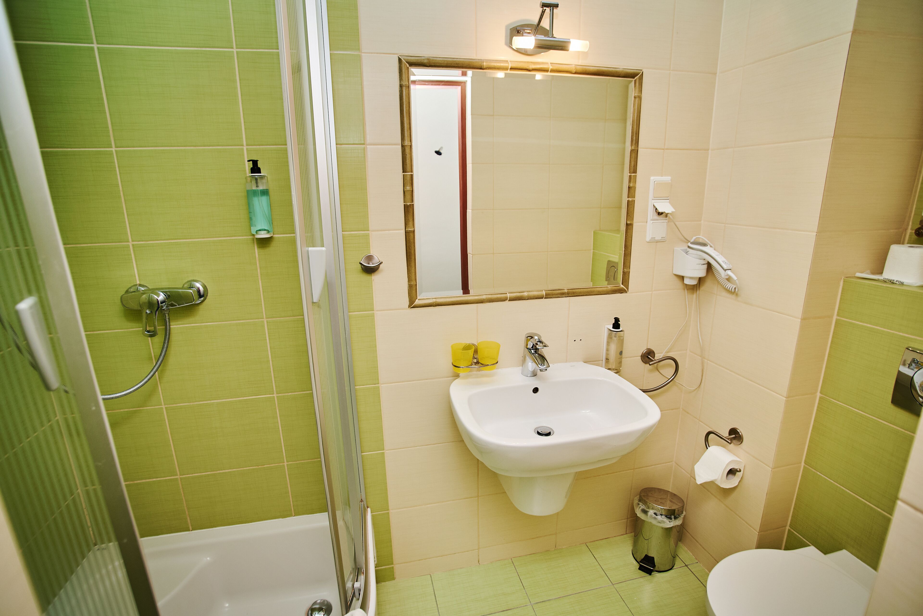Une salle de bain avec une douche, un lavabo et des toilettes.