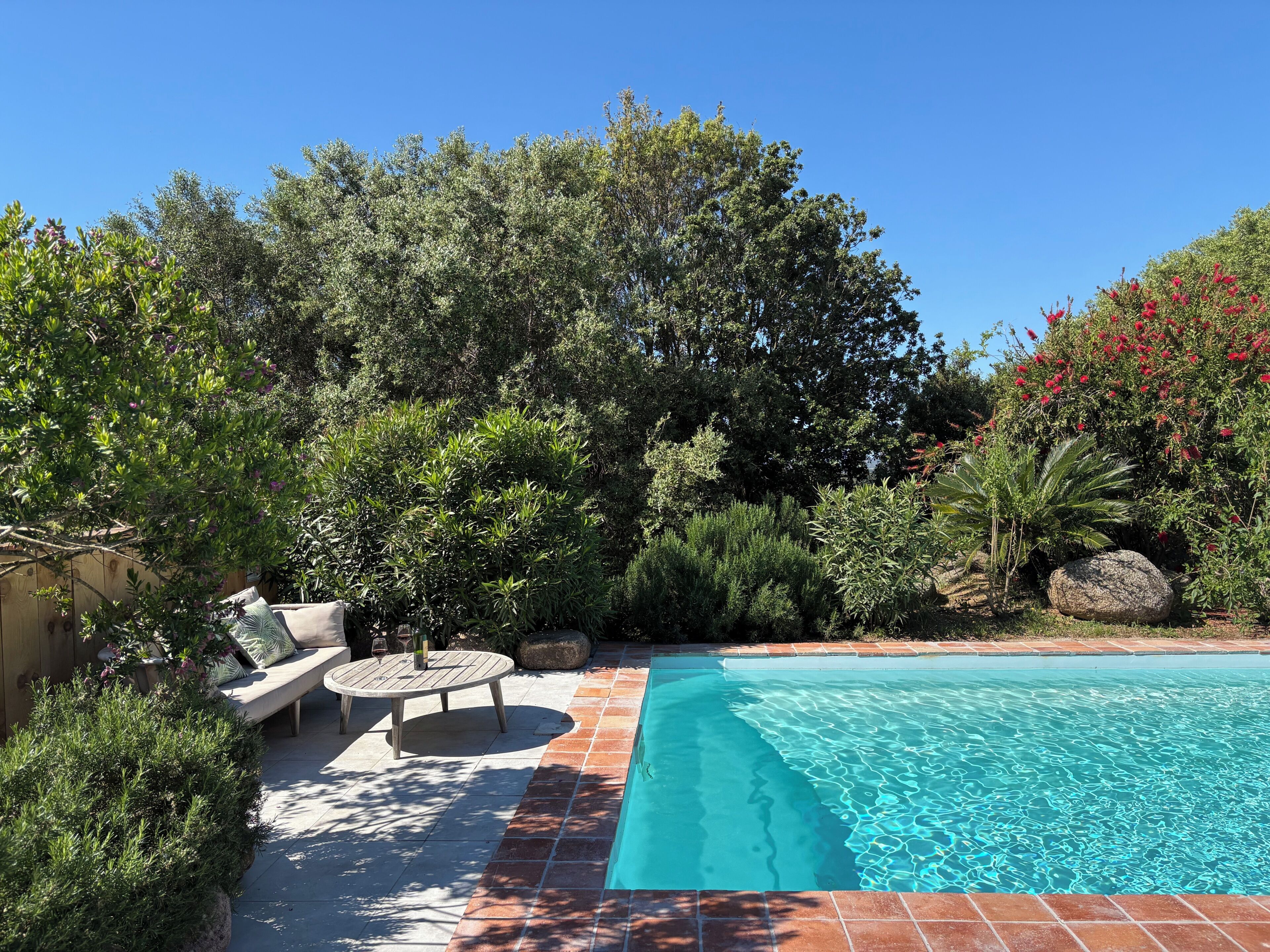 A swimming pool with a tiled deck, surrounded by lush greenery and a wooden fence.