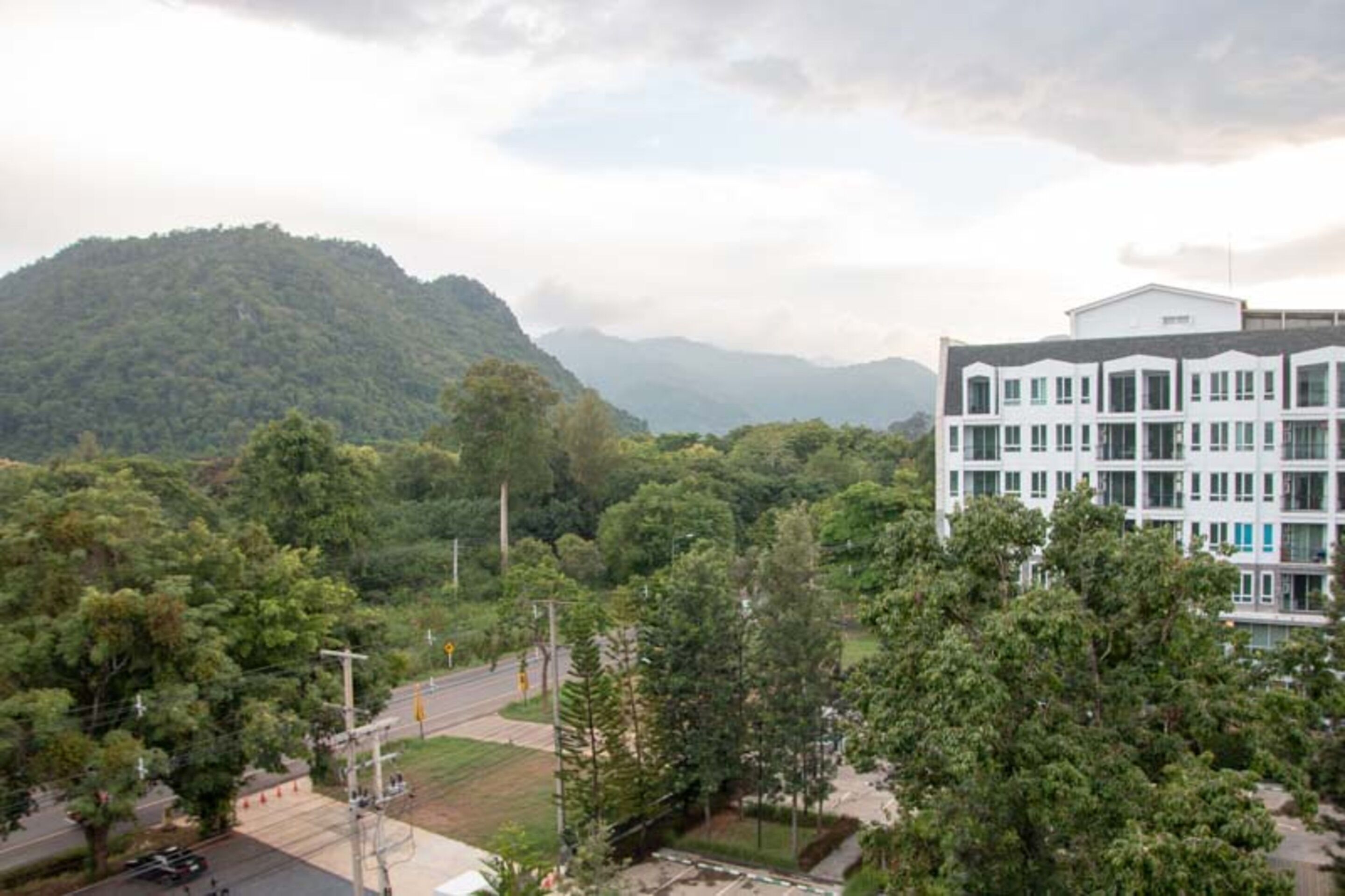 Un edificio moderno con techo plano y varias ventanas, rodeado de abundante vegetación y una montaña al fondo.