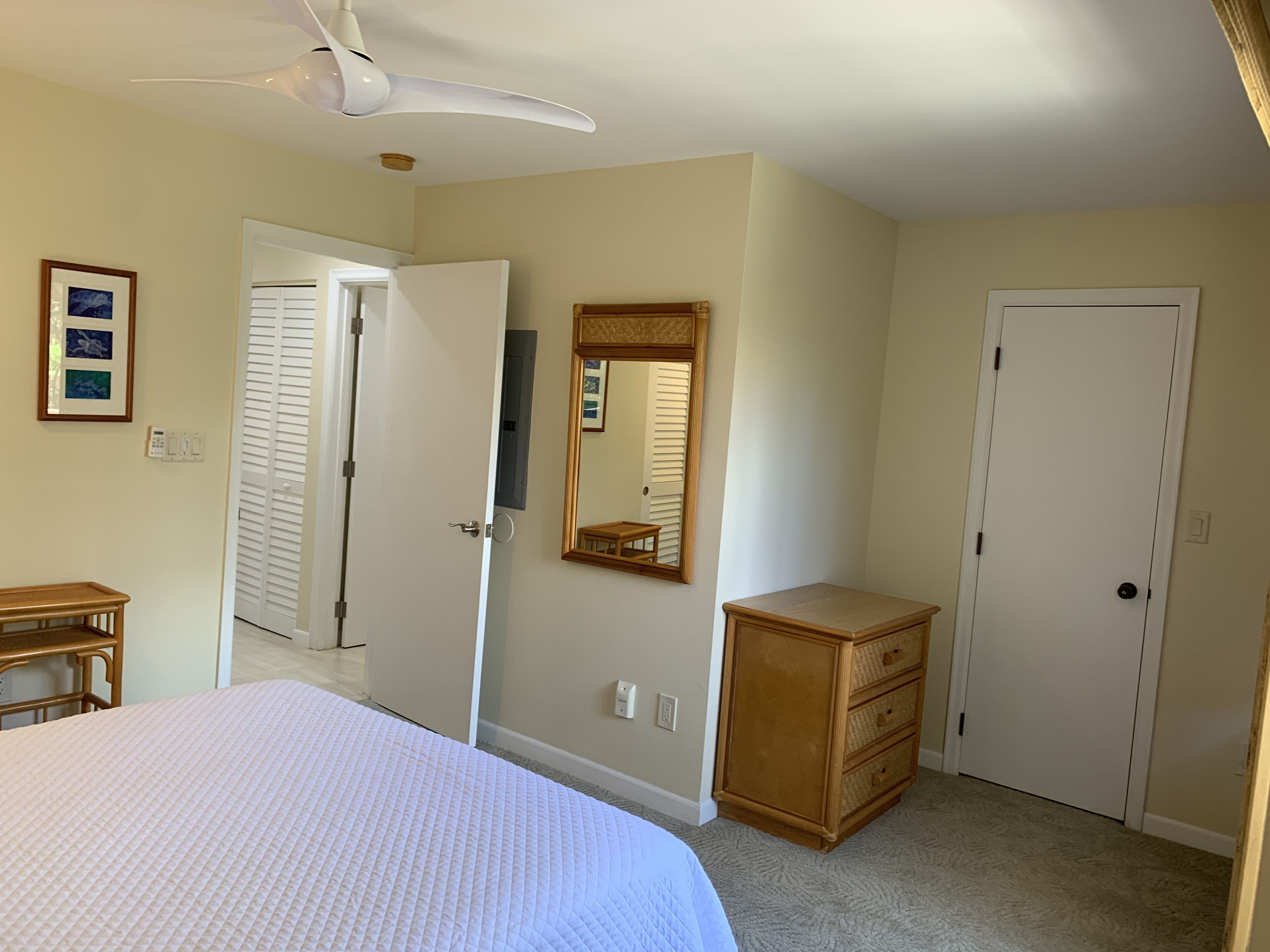 A bedroom with a bed, a dresser, a mirror, and a door.