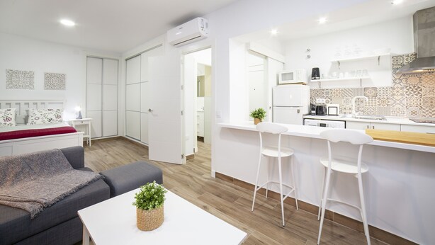 Un apartamento moderno con sala de estar, kitchenette y comedor.