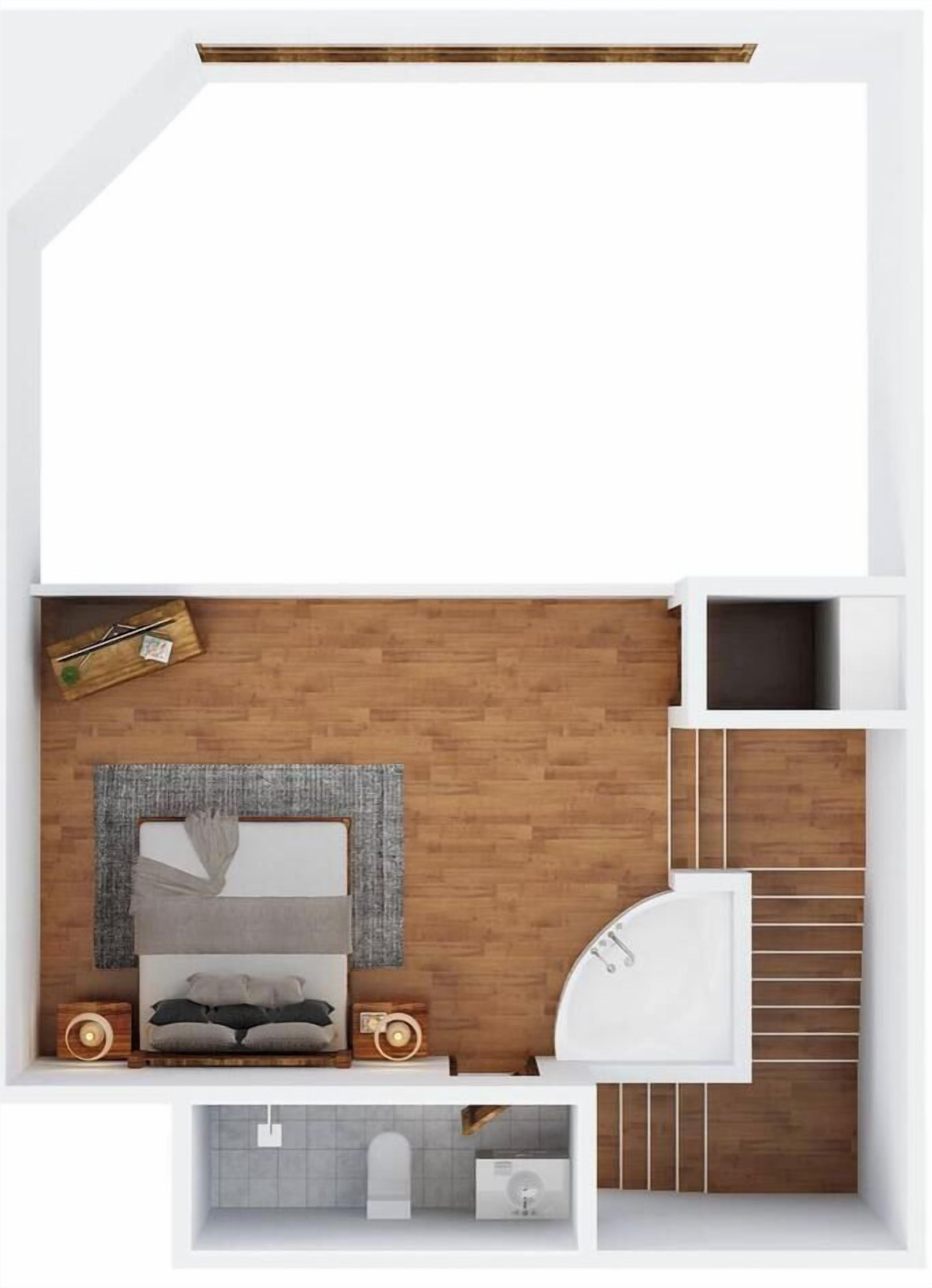 A bedroom with a bed, bedside tables, and a nightstand.