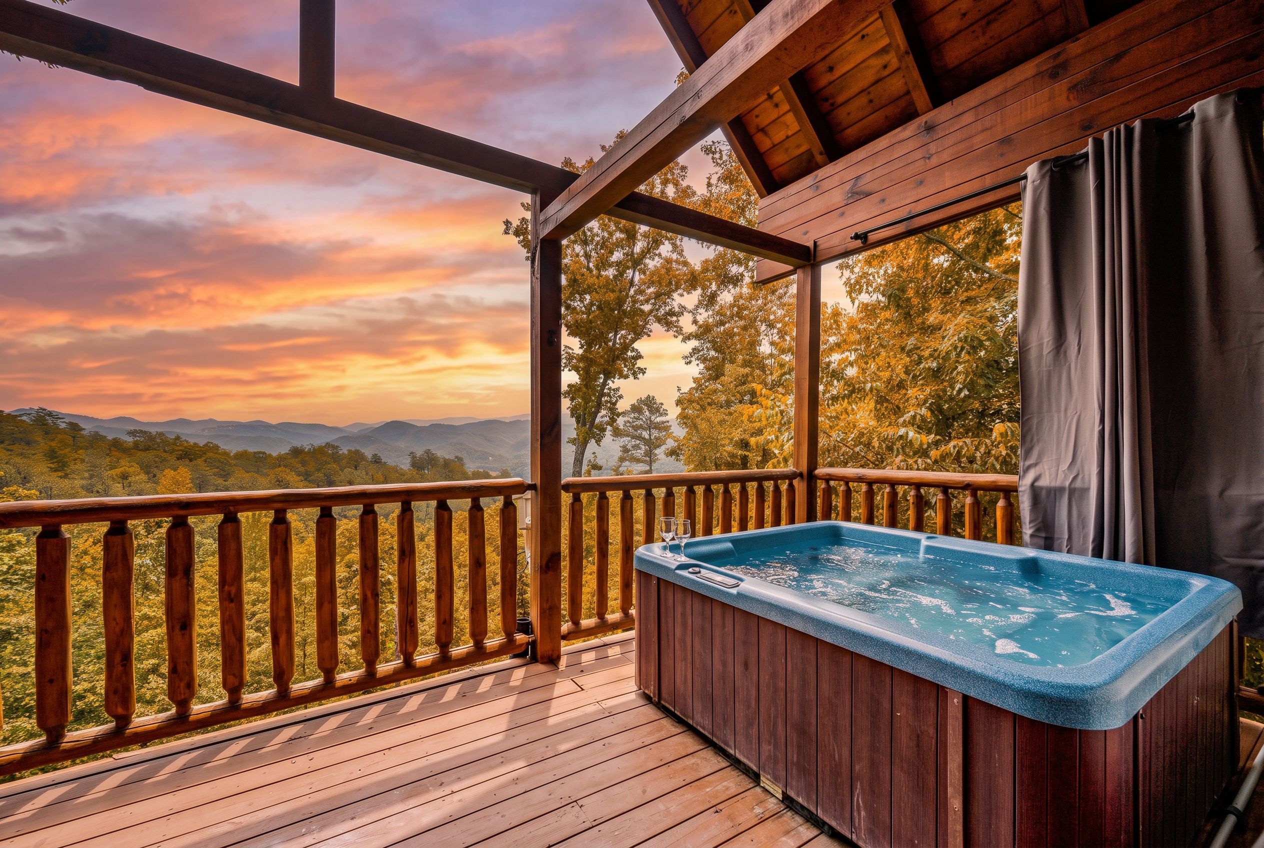 Private hot tub deck with stunning mountain sunset views