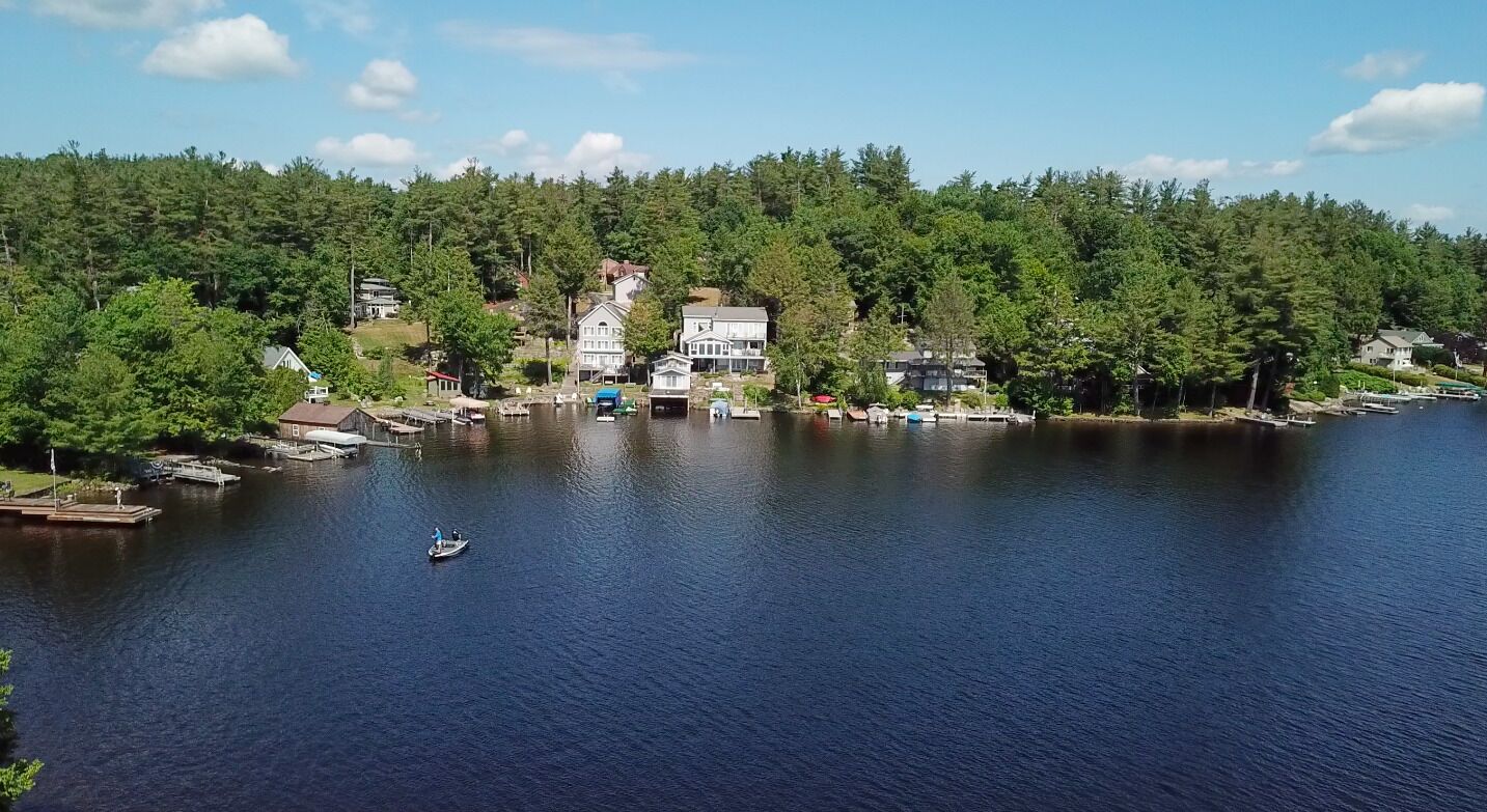 A lakeside town with docked boats, houses, and dense forest.