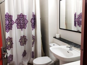 Une salle de bain équipée de toilettes, d’un lavabo et d’un rideau de douche à motifs floraux.