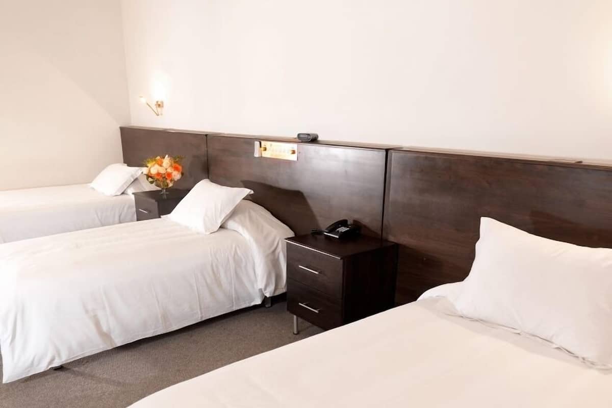 A hotel room with two single beds, a dark wooden headboard, a bedside table with a phone, and a vase with flowers.