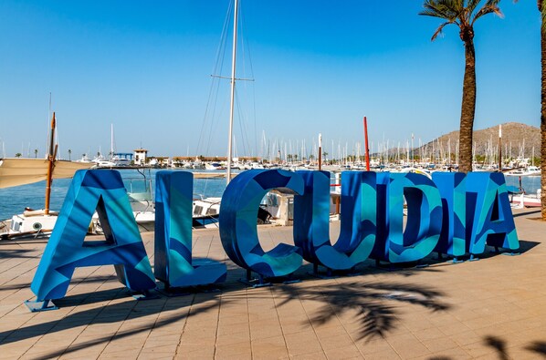En havn med både, og ordet "ALCUDIA" i store bogstaver.