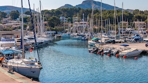Un puerto deportivo con barcos amarrados, un muelle y edificios al fondo.