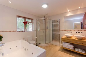 Combined shower/tub, jetted tub, hair dryer, towels