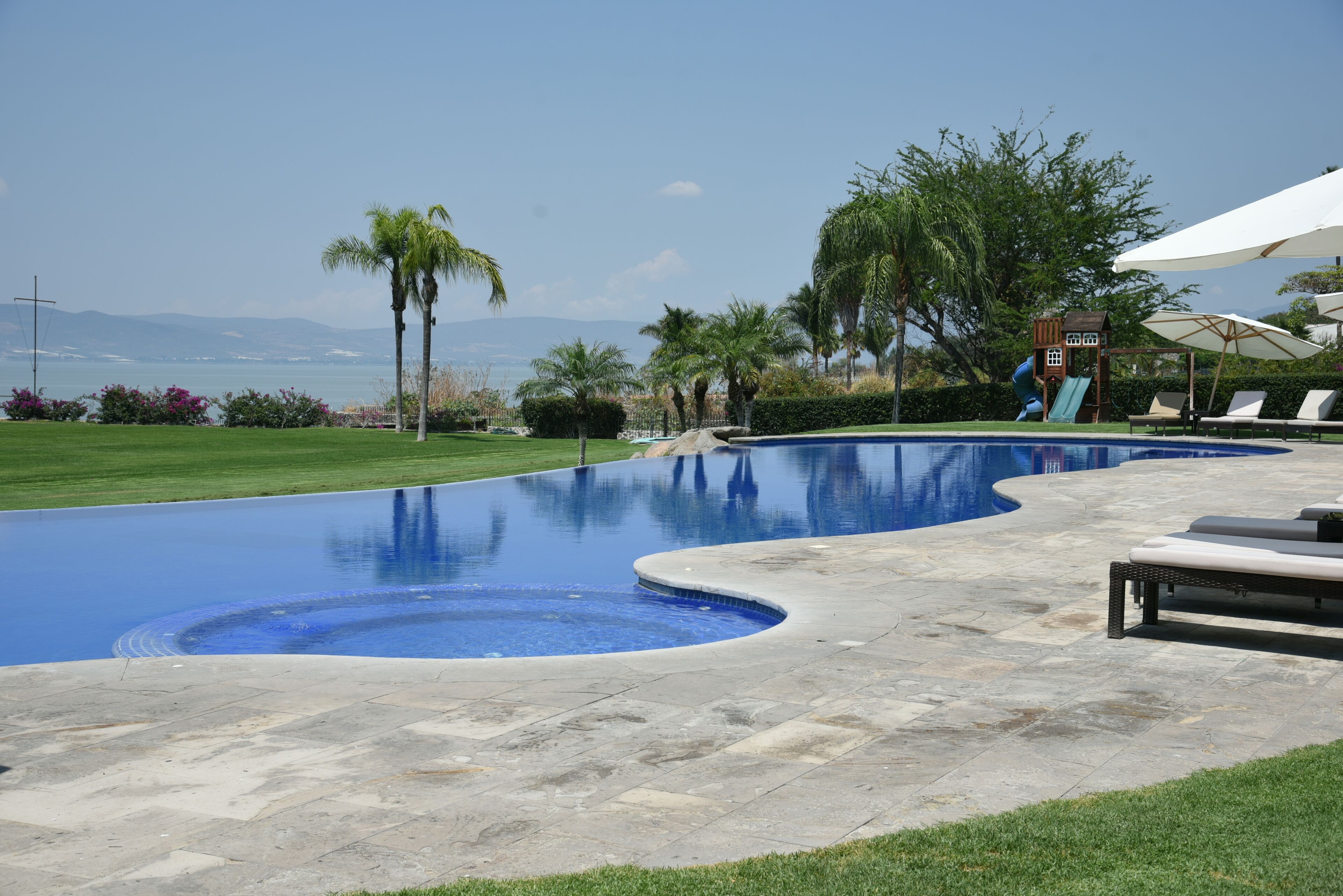 outdoor pool, pool loungers
