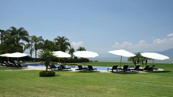 A poolside area with lounge chairs and umbrellas, surrounded by palm trees and a view of the ocean.