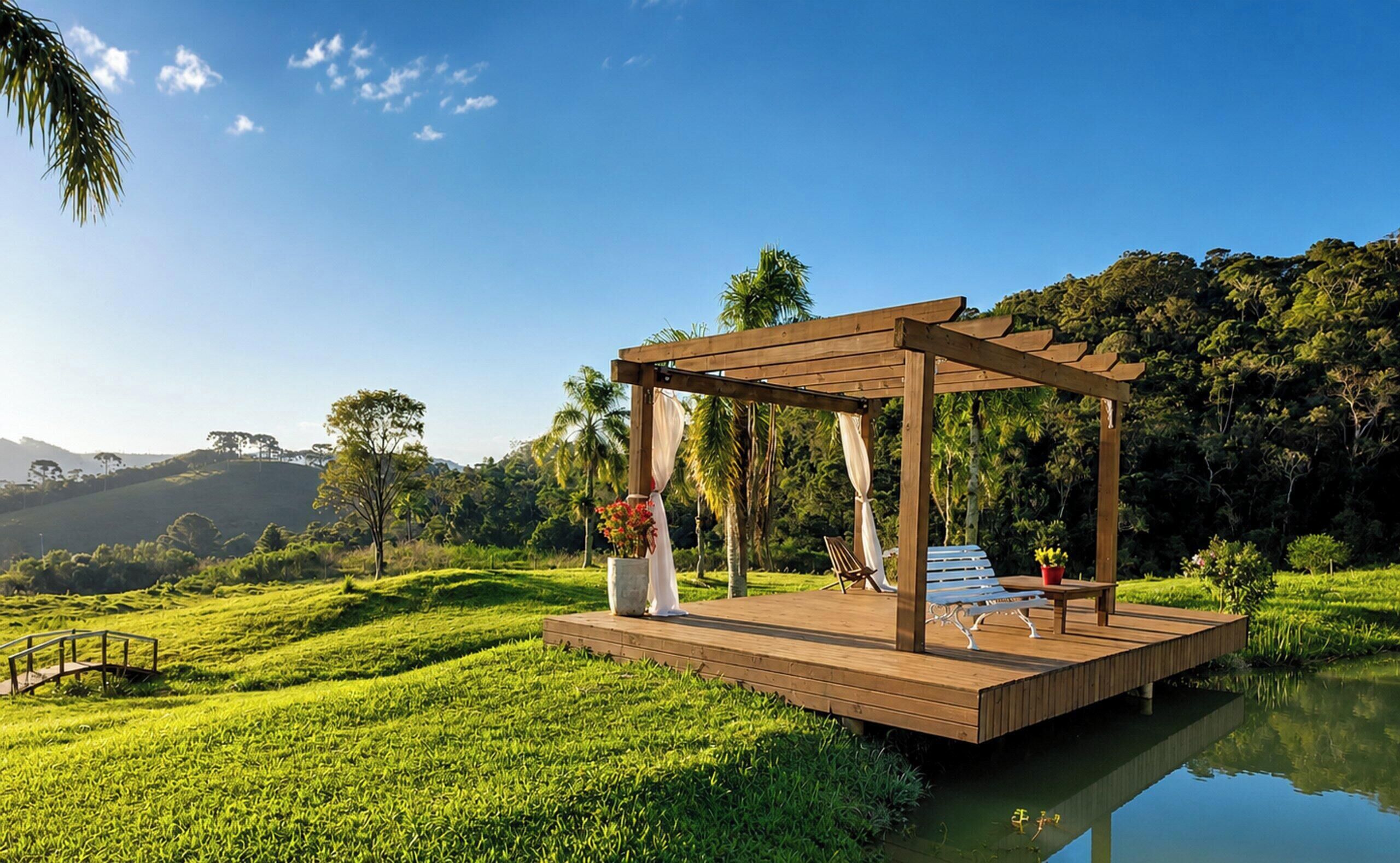 A wooden deck with a pergola, a bench, and a table, surrounded by lush greenery and a body of water.