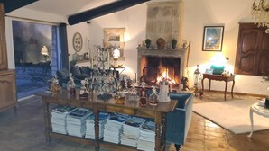 A cozy living room with a fireplace, a coffee table with various bottles, and a blue armchair. - LE MAS DES COSME EN PROVENCE (Aramon)