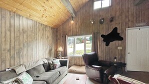 L’intérieur d’un chalet accueillant, avec un plafond en bois, un fauteuil en cuir, un canapé avec des coussins, une table basse en bois et une fenêtre donnant sur le paysage extérieur.
