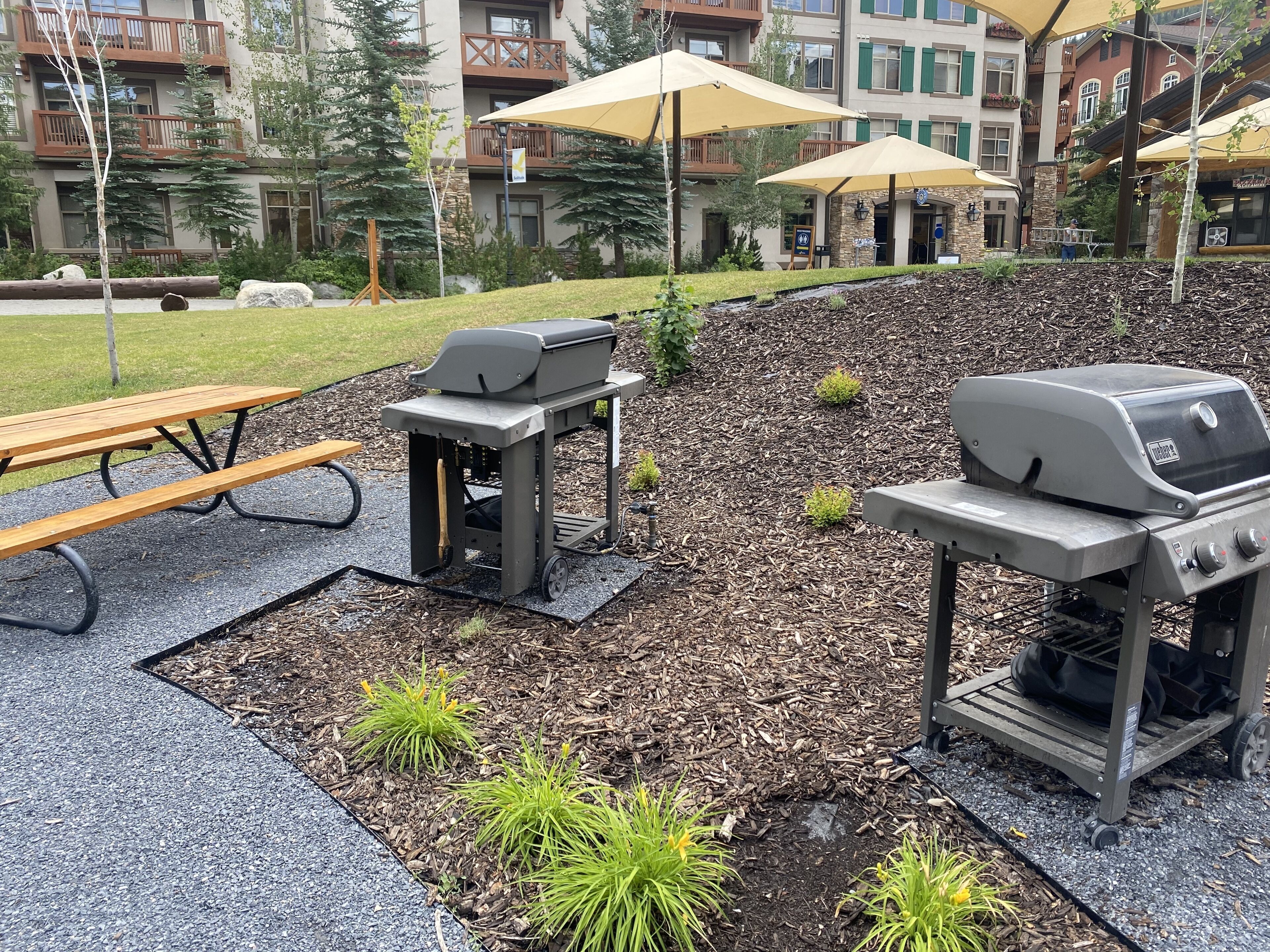 An outdoor patio area with a barbecue grill, picnic table, and umbrellas.