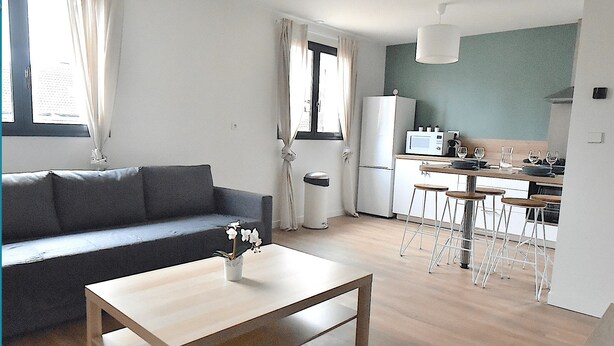 A modern living room with a sofa, a coffee table with a flower vase, a kitchen area with a refrigerator, a dining table with bar stools, and a window with curtains. - Cosy, fully-equipped, refurbished F2 (Vert-le-Grand)