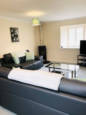 Ein modernes Wohnzimmer mit einem schwarzen Ledersofa, einem Glastisch, einer grünen Pendelleuchte, einem Kamin und einem Fernseher.
