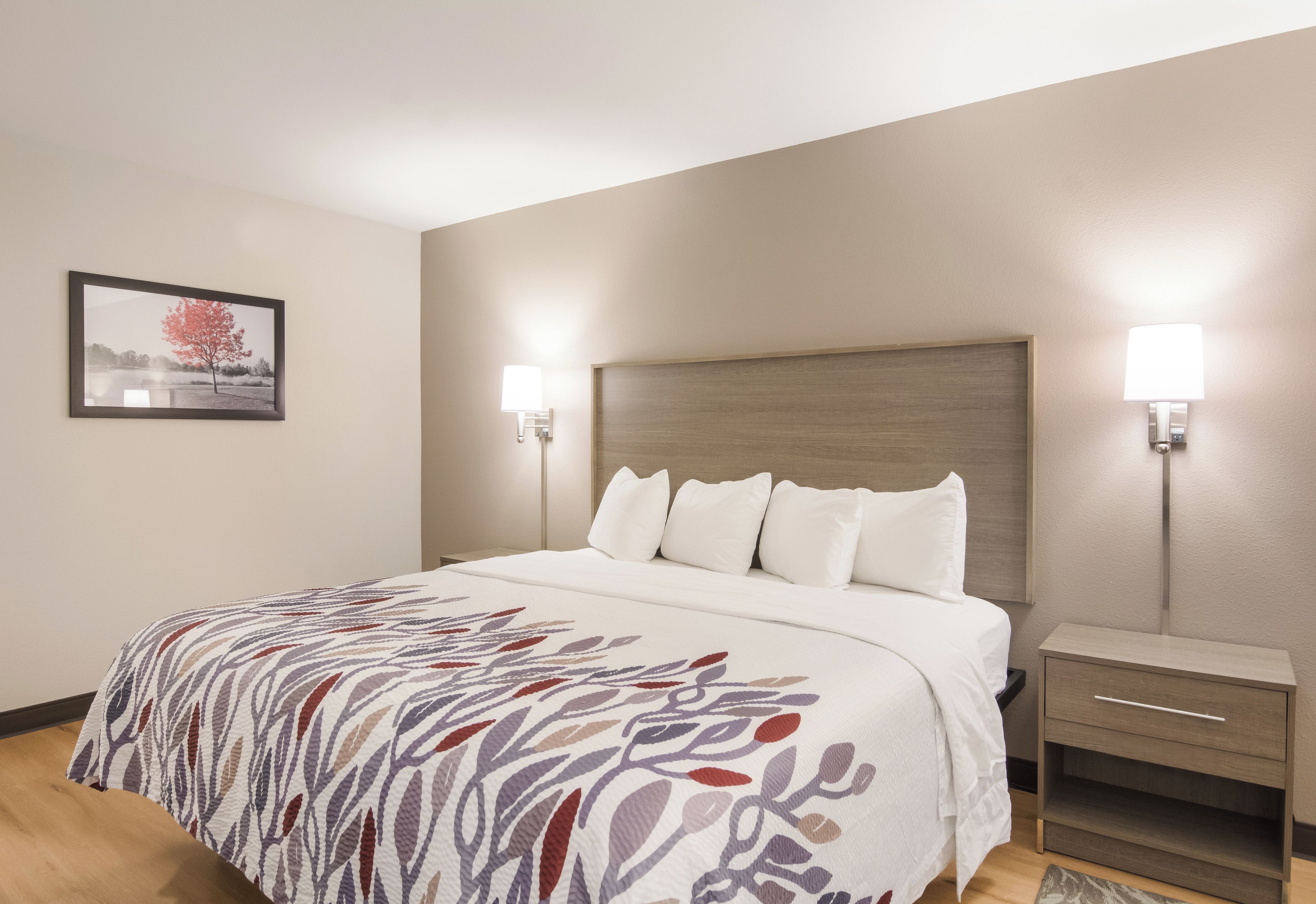 A hotel room with a bed, bedside lamps, a nightstand, and a framed picture on the wall.