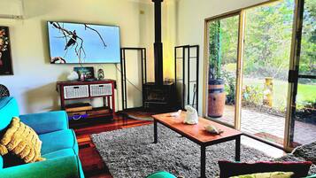 Smart TV, fireplace, books, stereo