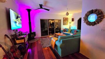 Smart TV, fireplace, books, stereo