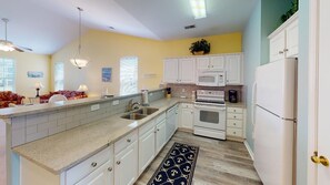 Fridge, microwave, dishwasher, coffee/tea maker