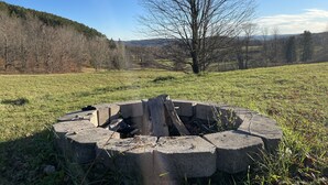 Un pozo de fuego circular de piedra en un campo cubierto de hierba, con un árbol y colinas al fondo.